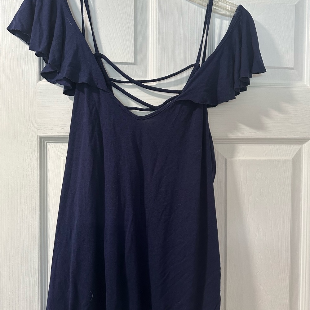 Venus Navy Off-Shoulder Dress with Ruffle Sleeves